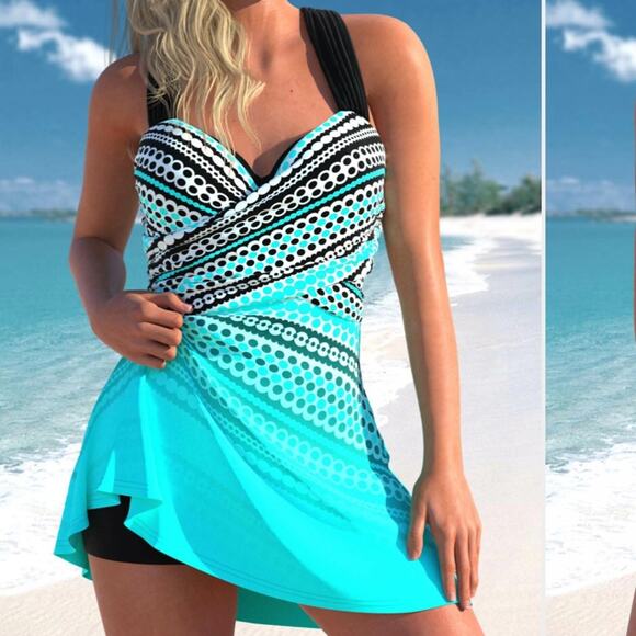 Cyan Polka Dot Ombré Swimdress Top - Picture 1 of 13